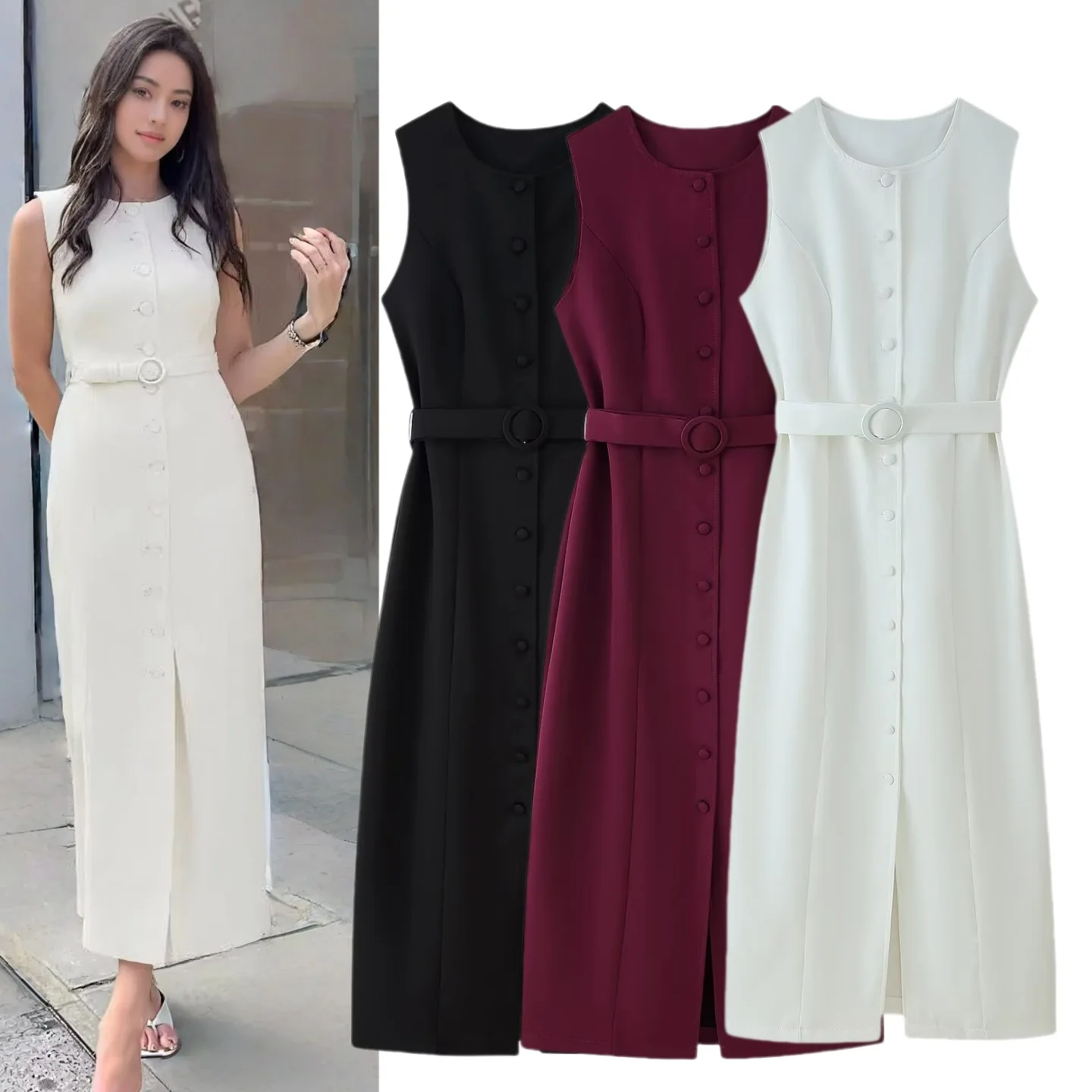 

Foreign Trade Wholesale 26 New European American Style Fashionable Elegant Round Neck Sleeveless Dress With Belt And Single