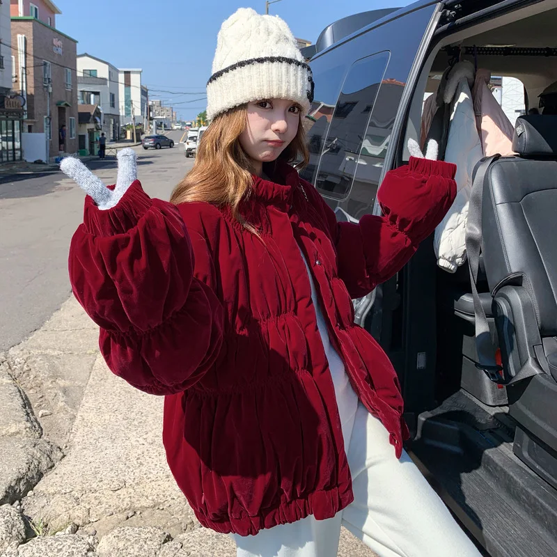 ベルベットスタンドカラーダウンジャケット レディース ショートスタイル 2025冬新作 ルーズ 無地 90%ホワイトダックダウン ブレッドジャケット