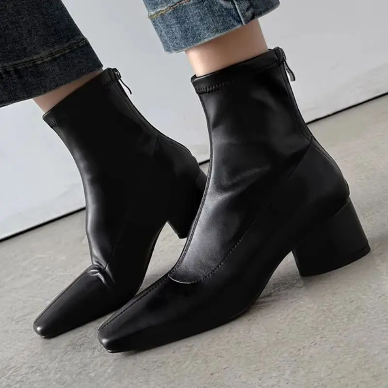 

Elegant Women's Ankle Boots Autumn Winter Shoes 2025 Leather Square toe Short Boot Black White Block Low Heels Footwear Shoes