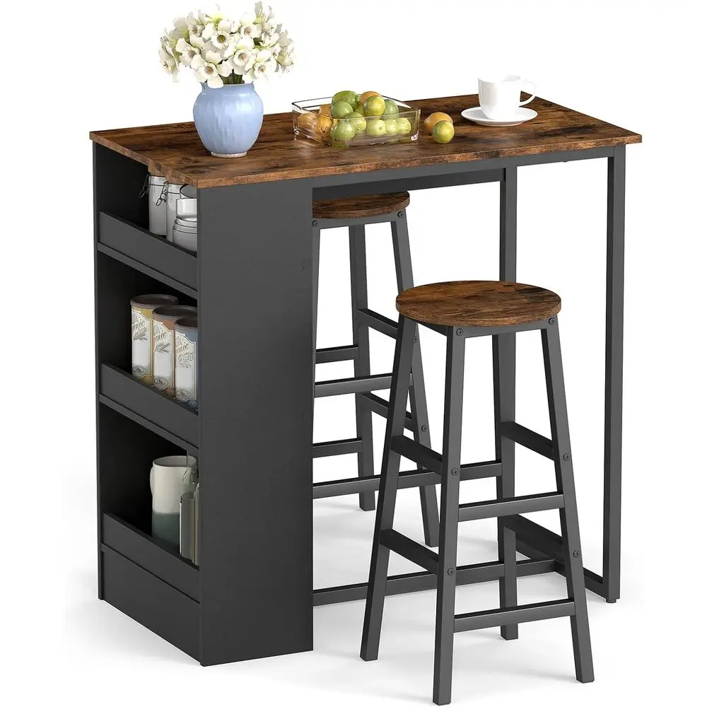 

36 Counter Height Breakfast Table Set with 3 Shelves & 2 Stools, Rustic Brown & Black