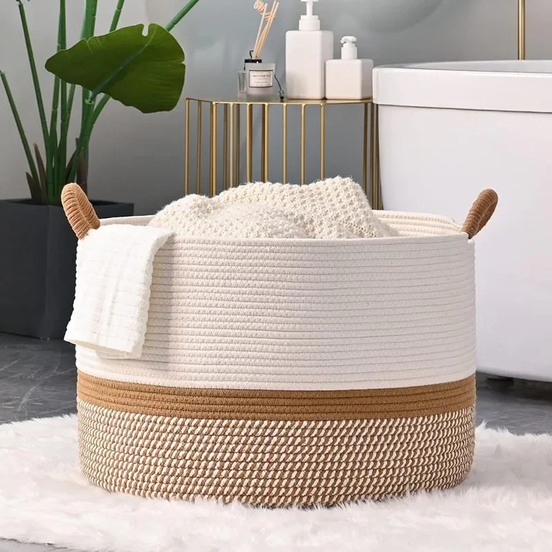 Large capacity modern style folding cotton rope woven storage basket for laundry in living room