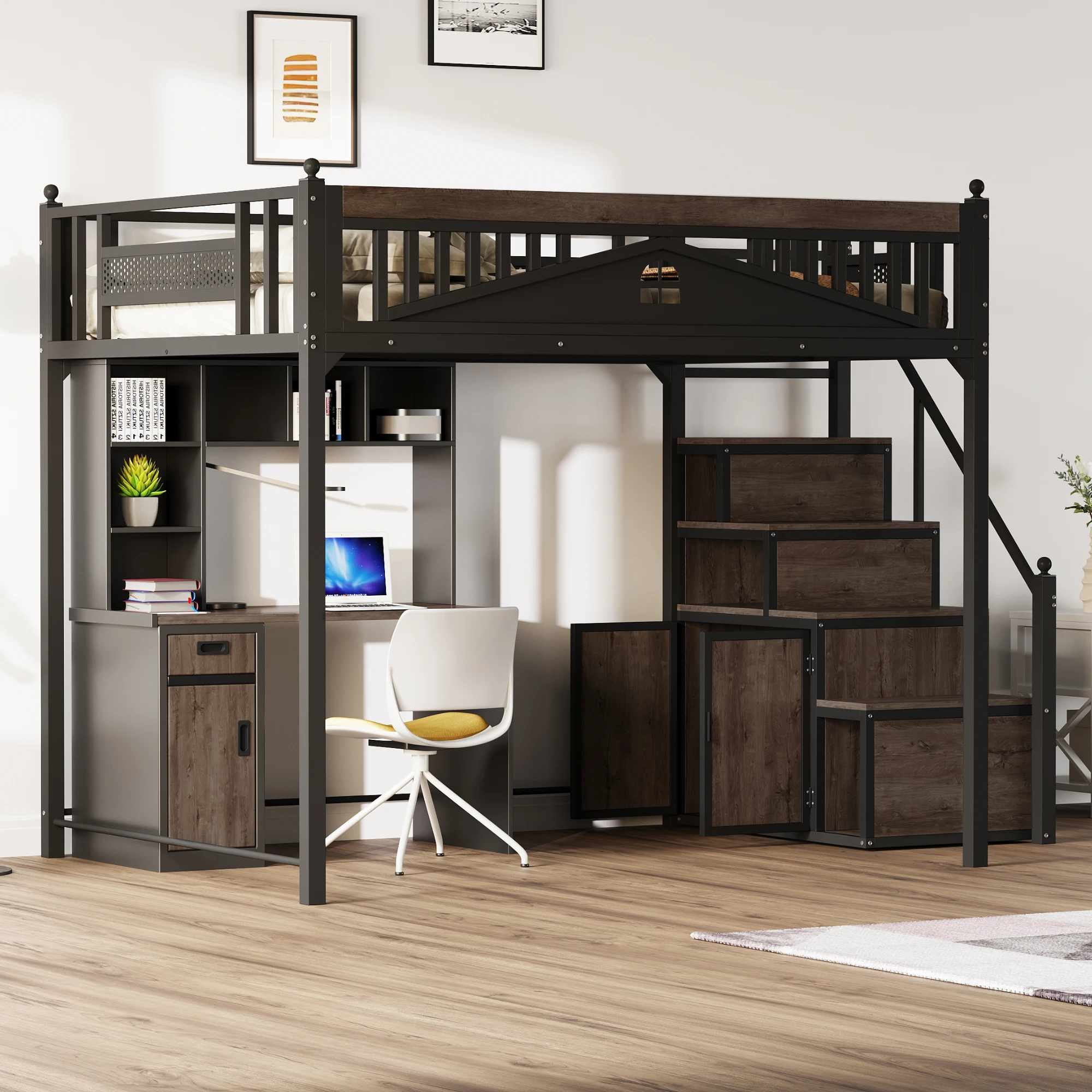 Giroletto verticale in metallo 140x200 cm, con recinzione di sicurezza in metallo, scaletta sostituibile, struttura letto a scaletta con mandrino, Nero