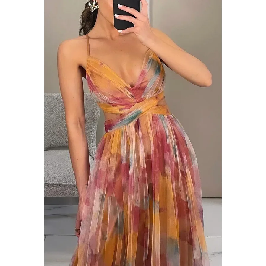 Vrouwen nieuwe mesh afdrukken riem mouwloze jurk casual feestjurk sexy losse lange maxi-jurk