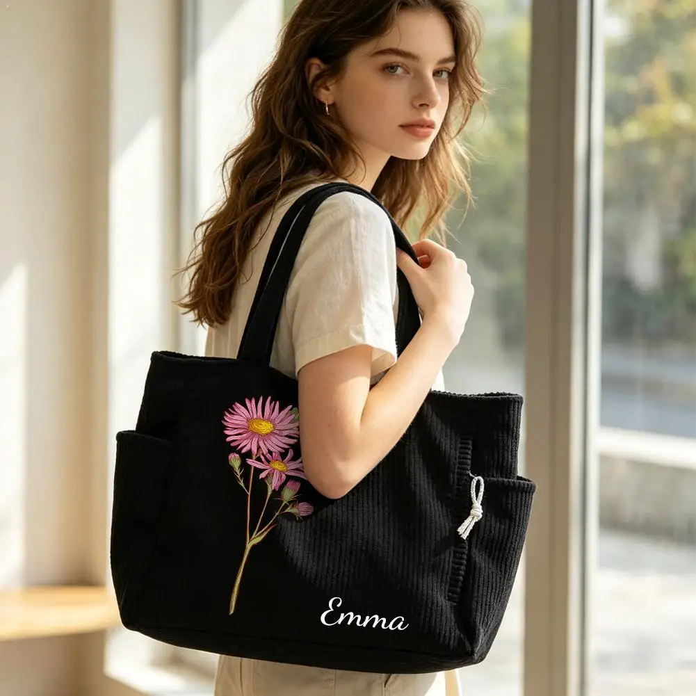 Custom Name Birth Flower Corduroy Tote Bag Large Capacity Velvet Handbag With Side Pockets Zipper Shoulder Bag For Women