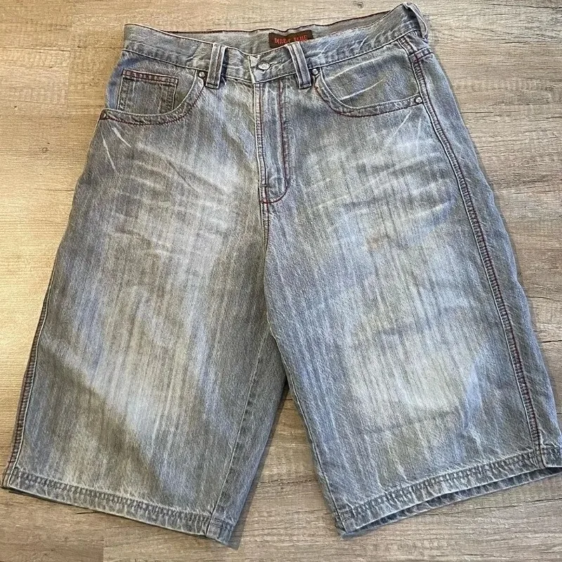 Shorts jeans largos bordados para homens, crânio Y2K, linda moda de rua, gótico vintage, novo verão, 2024