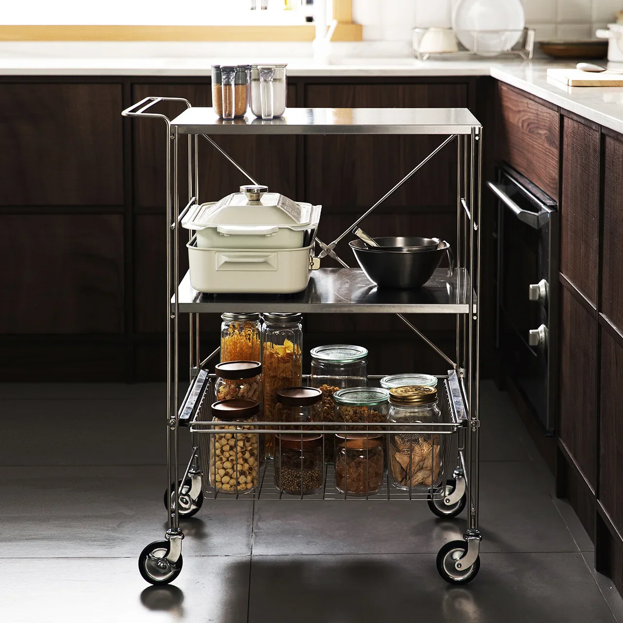 SHIMOYAMA Stainless Steel 201  360 Degree Rotation Kitchen Dishes Tool Storage Trolley Storage Rack With Wheels