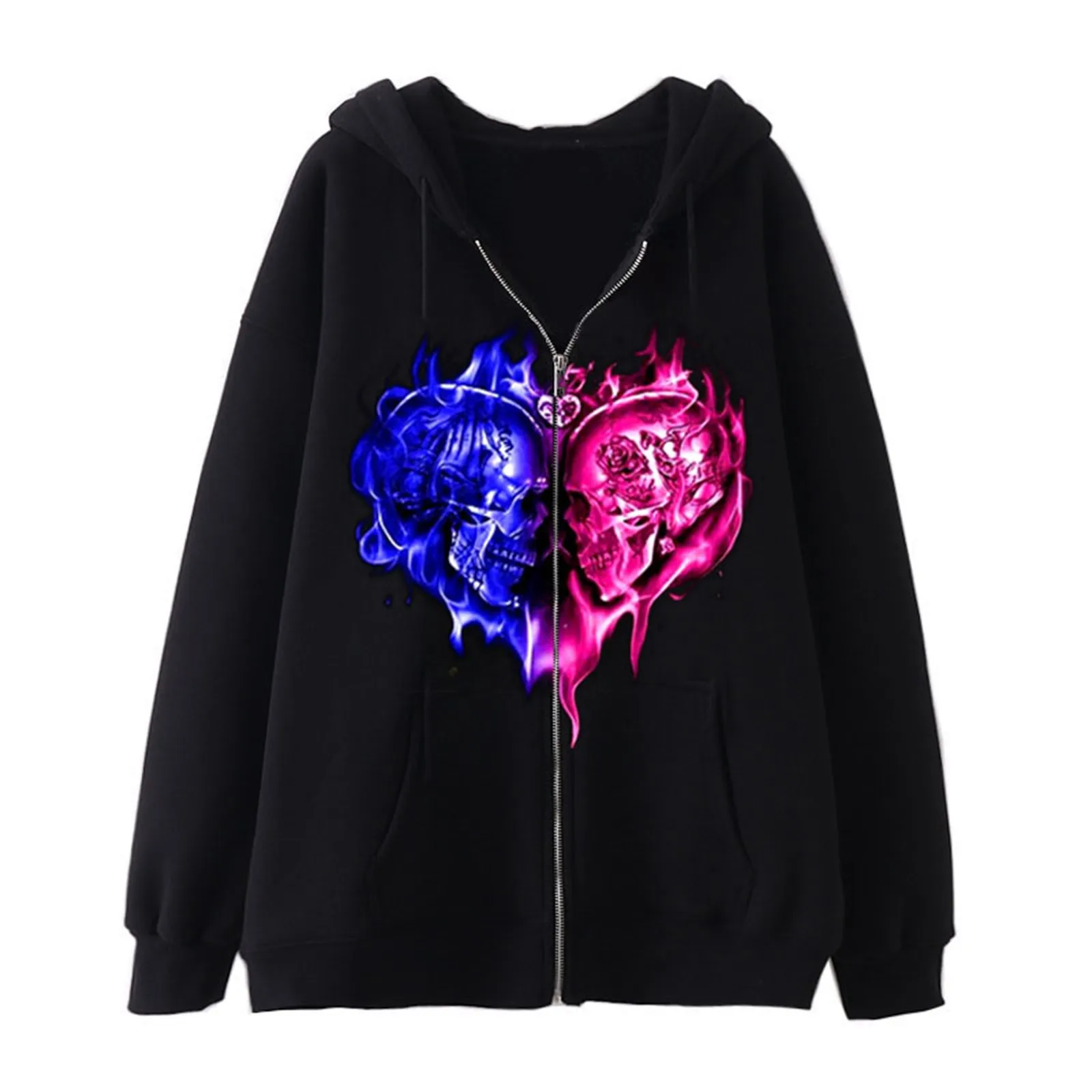 Women Skeleton Heart Fire Zipper Sweater Dark Vintage Hoodie Casual Street Style Loose Hoodies Pullovers