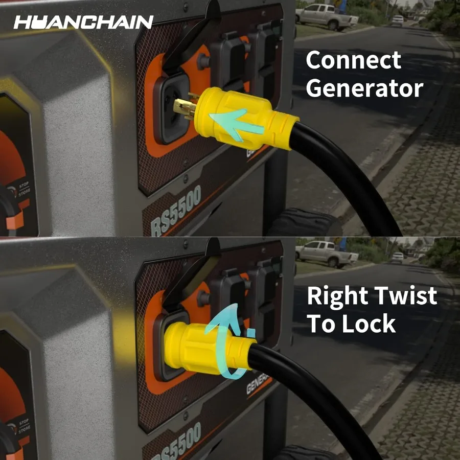 Cavo di prolunga per generatore da 25 piedi e 30 A per impieghi gravosi con connettori a 3 poli Calibro 10 125 V SJTW Cavo di bloccaggio giallo da NEMA L530P a L5