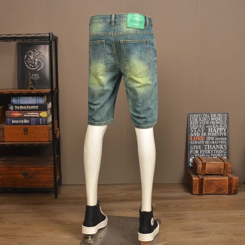 Summer thin denim shorts men's trendy brand stretch slim fit fashionable retro green washed casual five quarter pants
