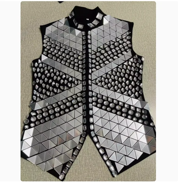 Glitter Mirror Rhinestone Waistcoat Sequin Crystal Vest Coat For Male Singer Bar Concert Stage Performance Drummer Dance Costume