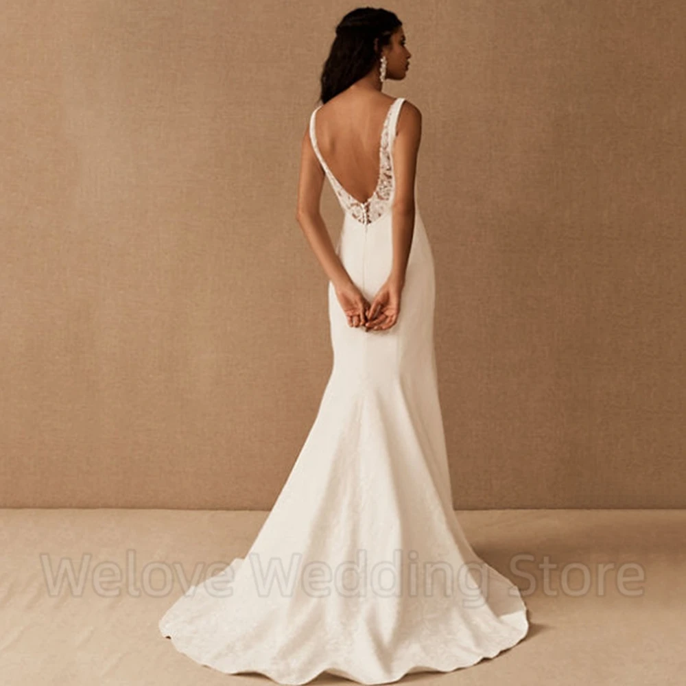 Abito da sposa a sirena senza maniche con colletto quadrato semplice Applique delicata Sexy aperto sul retro con abiti da sposa personalizzati da sposa Sweep Train