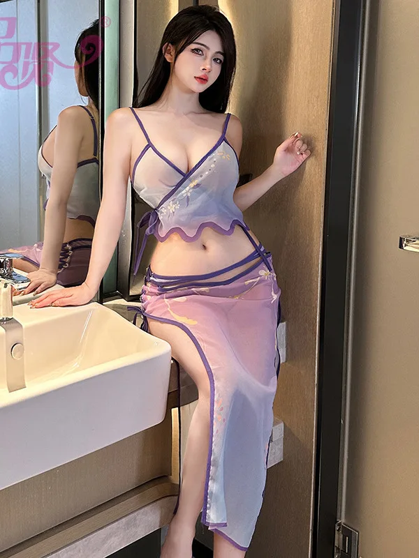 Sheerตาข่ายลูกไม้โปร่งใสCheongsamแยกชุดยาวเซ็กซี่แขวนVคอหวานผู้หญิงแฟชั่นเซ็กซี่ร้อน 2023 3R8Q