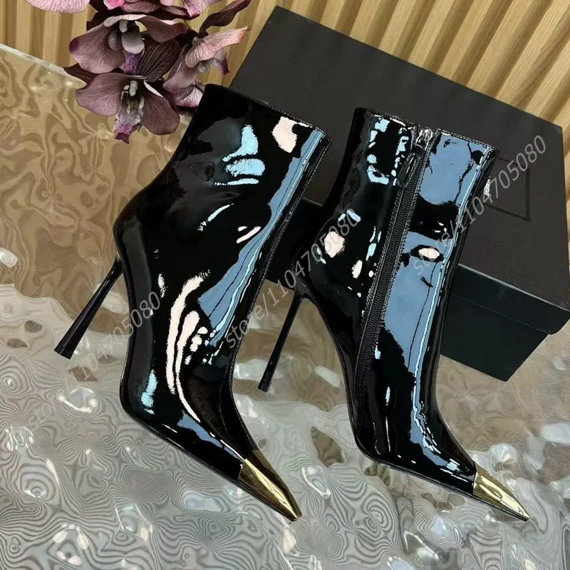 

Black Mirrored Metallic Pointed Boots Leather Stiletto Zipper Modern Matte Calf Ankle British Style Simple Kitten Heel Shoes