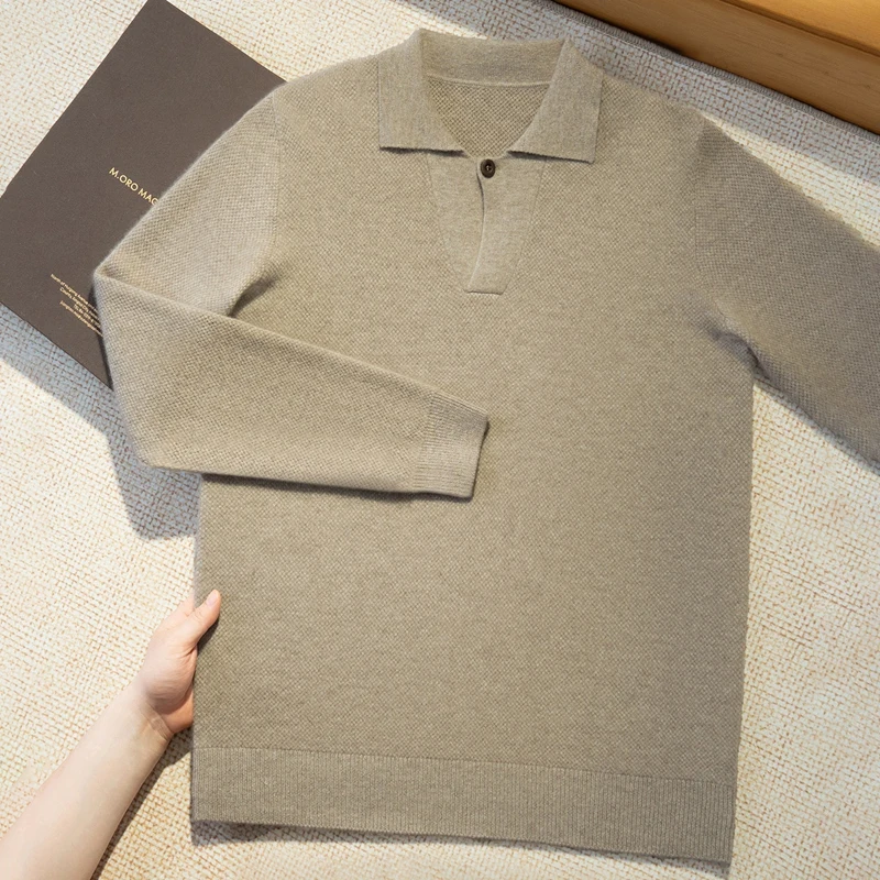 High Quality Men 100% Cashmere Sweater Autumn Winter Long Sleeve Polo Pullover Smart Casual Knitwear Soft Warm Clothing Tops