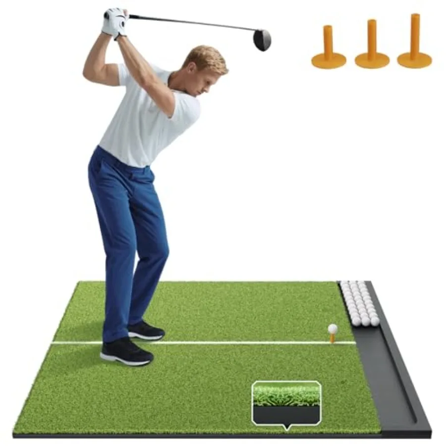 

Golf Hitting Mat with Ball Tray, 5x4/ 6x4 ft, 26mm/ 31mm Thick, Pro and Elite Turf with Swing Path Line, Premium Golf Practice