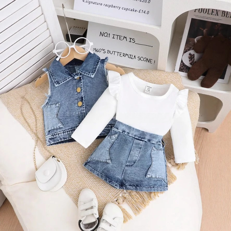 

Kid Girl Adorable Baby Dress Three Piece Set White Long Sleeve Top Ruffled Shoulders Denim Vest Shorts Children Casual Skirt