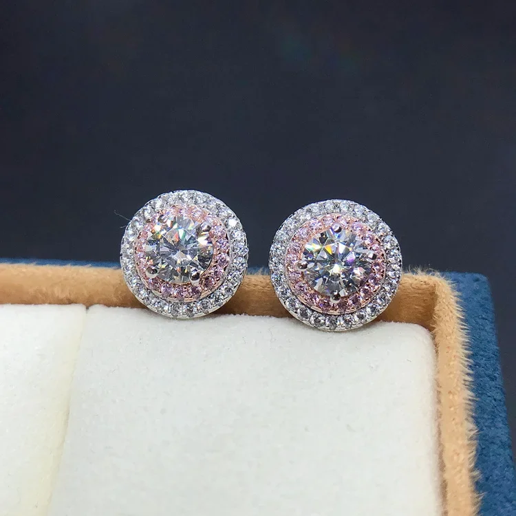 Anting-anting kancing berlian Moissanite Platinum PT950 AU585 emas putih Solid 14K anting-anting pernikahan mewah baris Bezel ganda