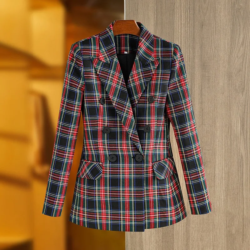 2024 Newest England Style Classic Plaid Printing Women Vinatge Regular Fit Single Button Retro Blazer Quality Jacket