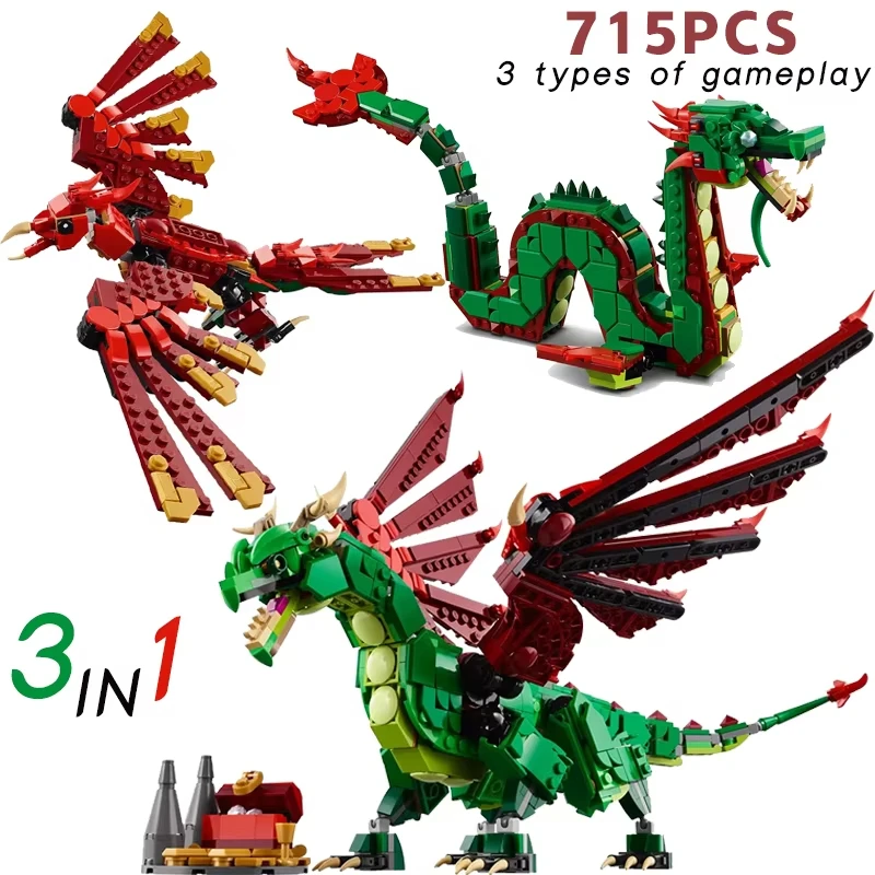 

legolcks New creative 715pcs three-in-one medieval variety flying dragon model building block toy children's birthday gift