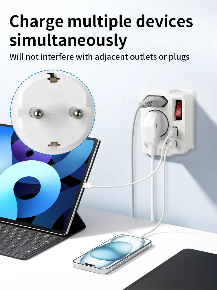 Eu 1 to 3 EU Schuko Wall Outlet Converter, Germany 2P Adapter with Switch 16A, Type E / Type-C / USB Ports, Home Extension Socke