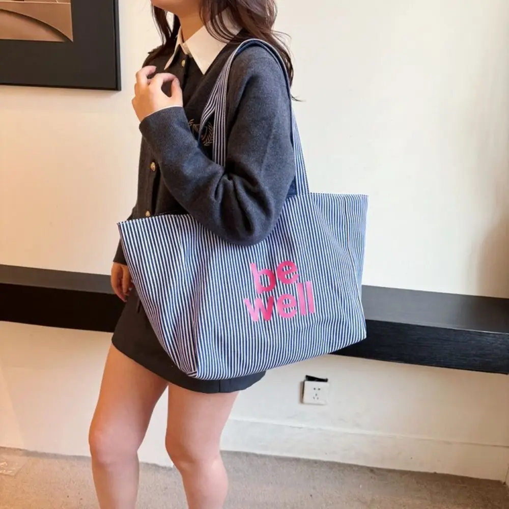 대형 스트라이프 여성용 숄더백 양면 디자인 캔버스 소재 캔버스 핸드백 다용도 스타일 대용량 스트라이프 토트백
