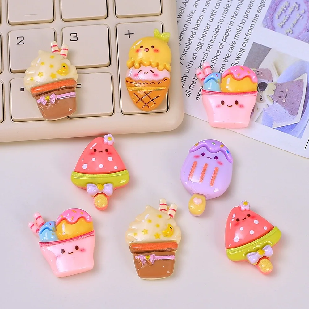 10pcs Cute Cartoon Ice cream Popsicle Resin Flatback Cabochon Scrapbooking Phone Decoration DIY Embellishments Hair Bows Center