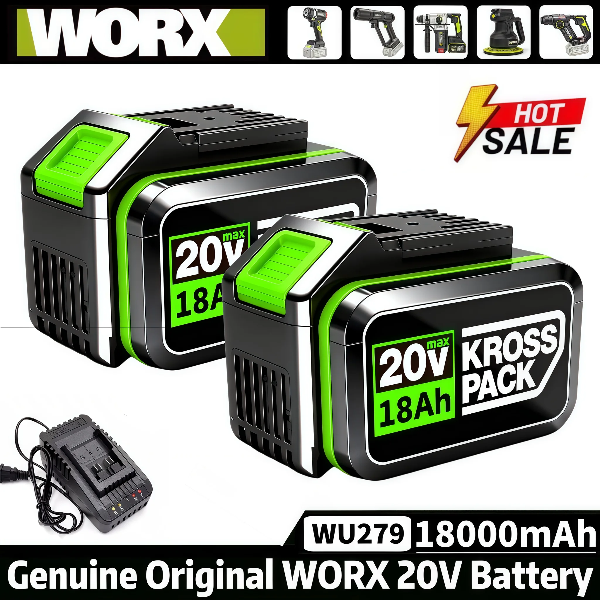 

New High-capacity 20V Worx 18000mAh Replacement Lithium-ion Battery，For WA3551 WA3551.1 WA3553 WA3641Rechargeable Tool Battery
