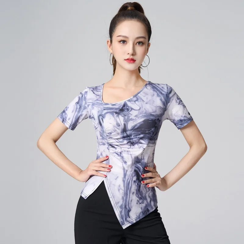 Women Floral Print Dance Blouse Short Sleeve Modern Ballroom Stage Costume Dancewear top performance accessories Line dance