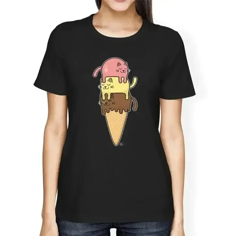 1T T Shirt Womens Loose Fit Cats Stacked On Ice Cream Cone