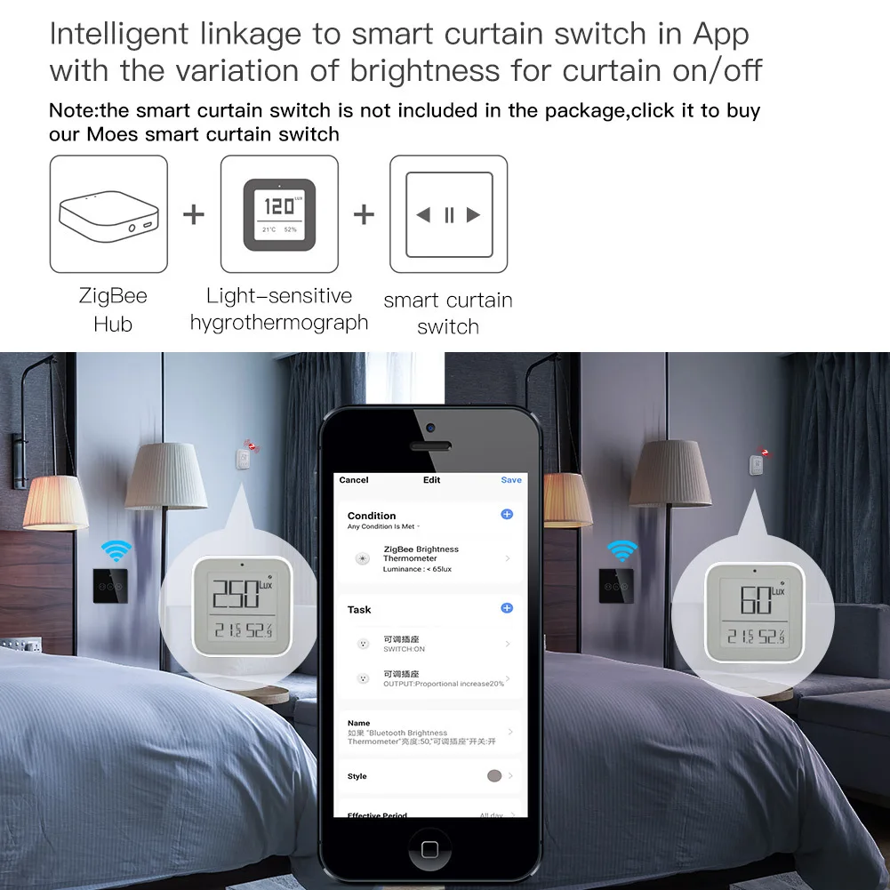 Tuya Smart ZigBee Temperature Humidity Sensor Brightness Thermometer Detector with LCD Screen Real-time Remote Monitoring