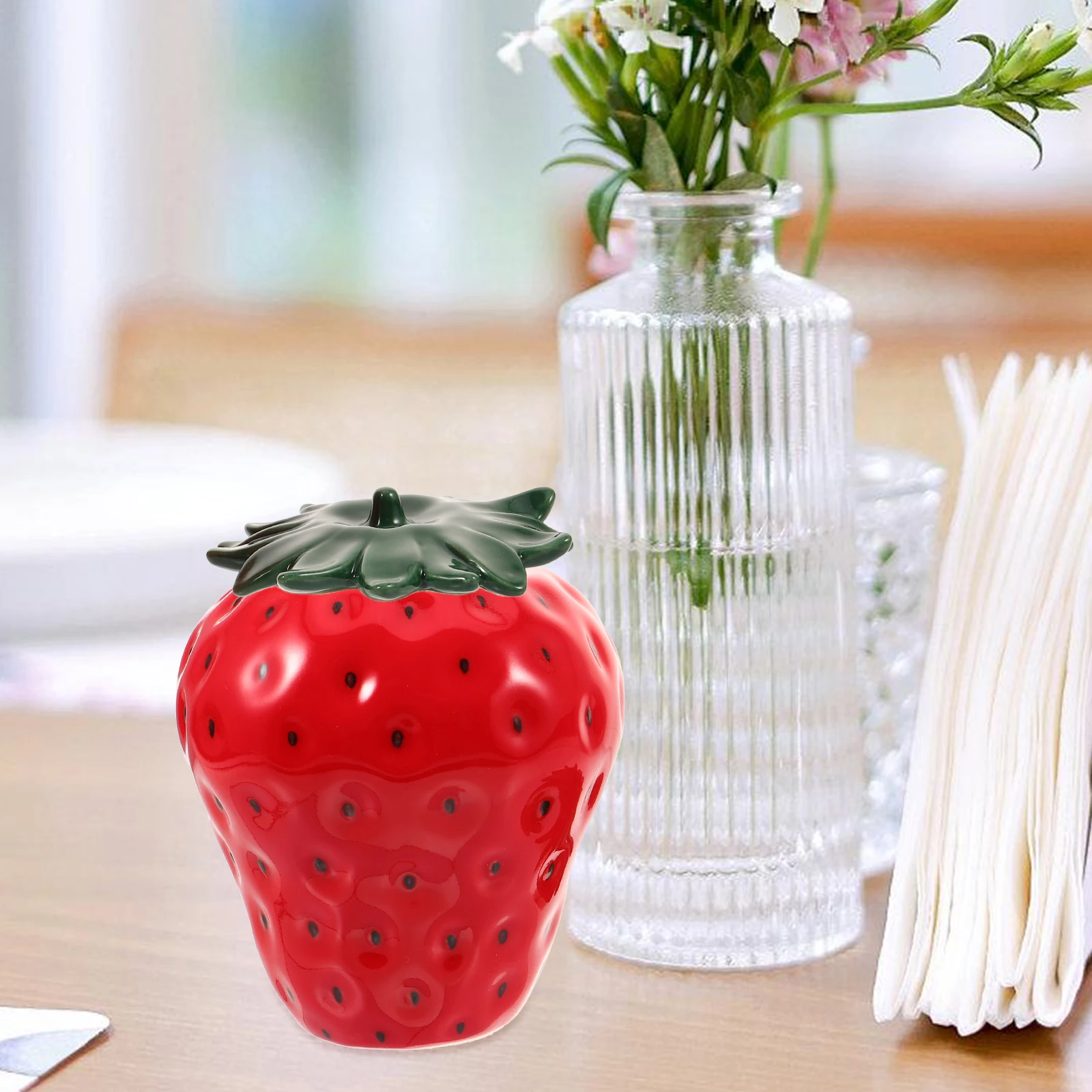 

Strawberry Shape Ceramic Storage Jar Tea Canister Decorative Candy Container Airtight Tea Storage Strawberry Decor