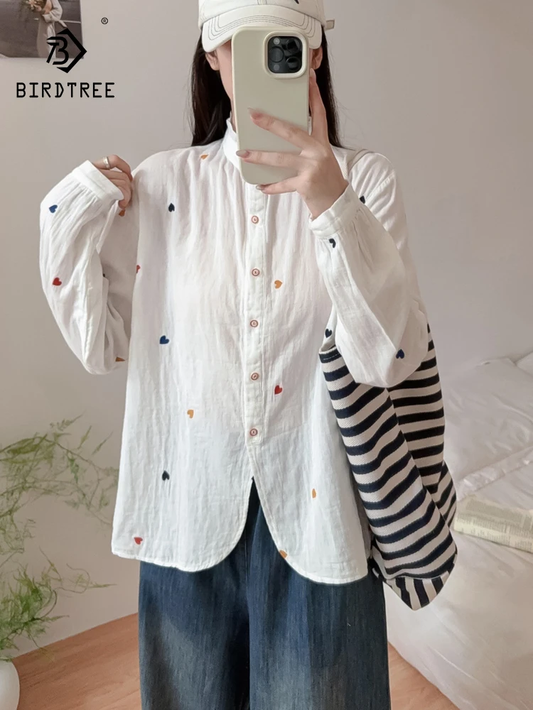 

Новинка 2025, осенняя рубашка с длинными рукавами из хлопковой пряжи, женская рубашка с лацканами и вышивкой Love, модная милая шикарная свободная блузка Mori Girl T58057CC