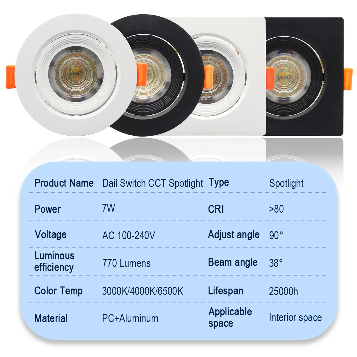 1pcs embedded LED Dial switch CCT spotlights Tricolor dimming AC 220V 110V Adjustable angle Downlight 7W for home decoration