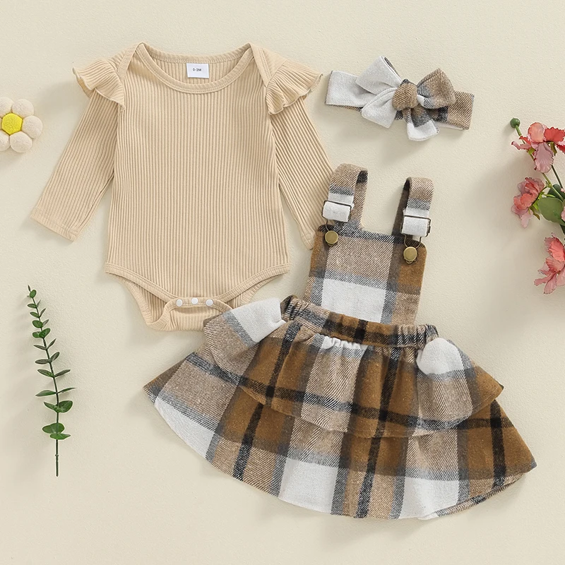 SUNSIOM 3Piece Baby Girls Clothes Set Ruffle Long Sleeve Round Neck Romper Plaid Tiered Overall Skirt Headband Outfits