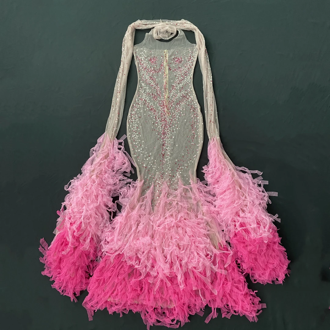 Pink Diamond Tassel Fishtail Sheer Mesh Dress Sexy See Through  Debut Gown Evening Dresses Celebrate Theme Party Dresses