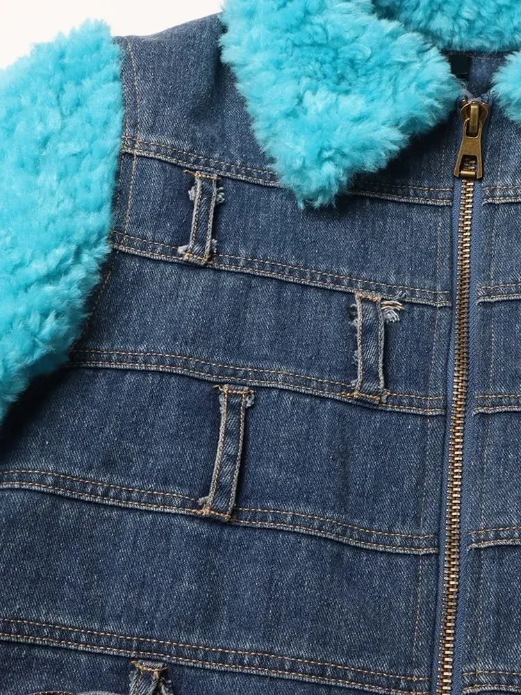 BPN Colorblock Patchwork Lambswool Denim Parkas For Women Lapel Long Sleeve Fashion Spliced Belt Casual Loose Coats Female Style