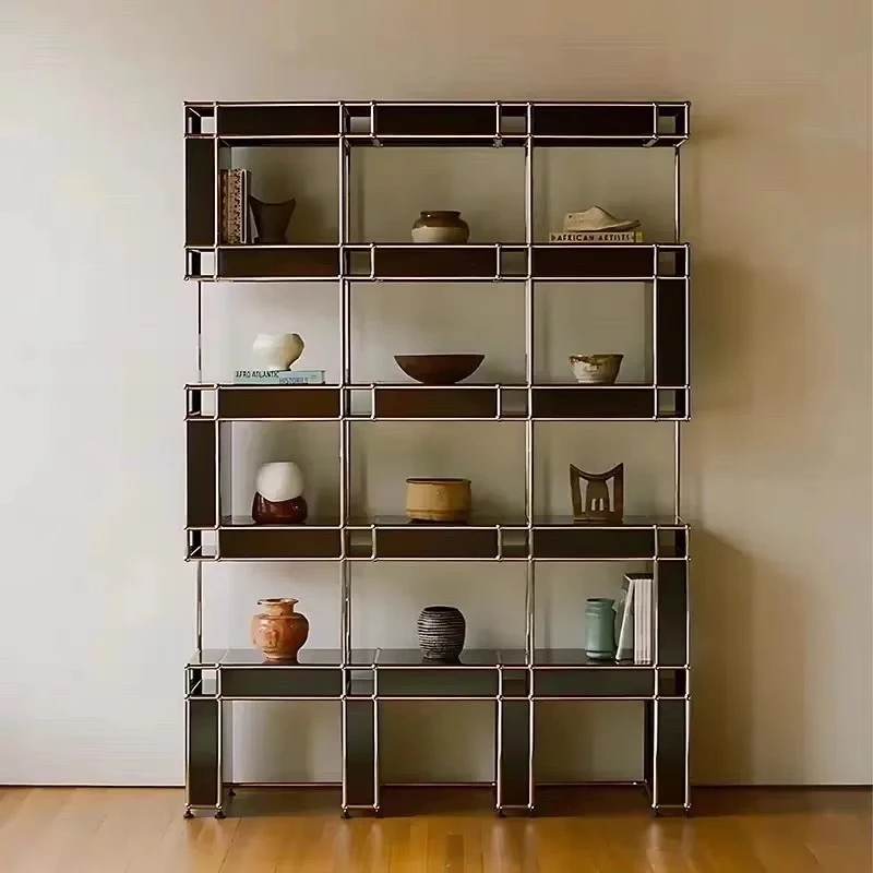 Modern stainless steel bookshelf display cabinet for family living room furniture