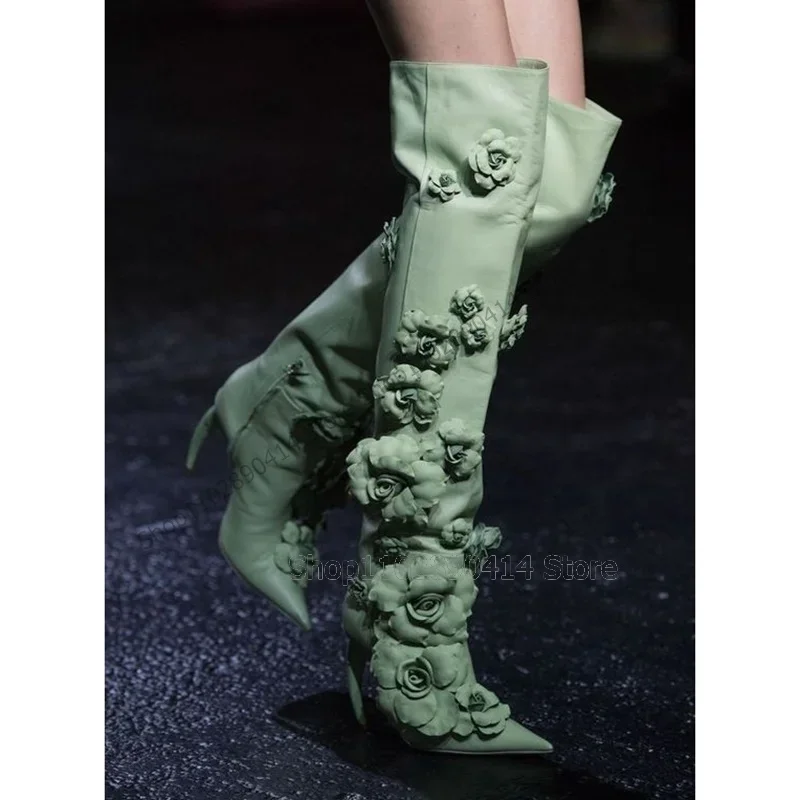 

Green Pink Appliques Decor Pointed Toe Boots Side Zipper Women Shoes Thin High Heels New Fashion Runway 2023 Zapatos Para Mujere