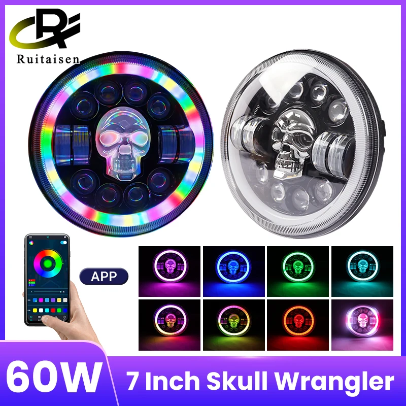 

Upgraded Version Car Headlight Skull Angel Eyes RGB Colorful Halo Lights for Pickup LED H4 Hi/Lo Beam Light Motorcycle Headlamp