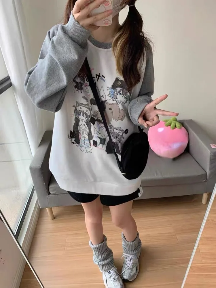 Patchwork Contrast Cartoon Print Hoodies Vintage Casual Women Y2k Aesthetic Tops Harajuku Grunge Japanese Kawaii Sweatshirts