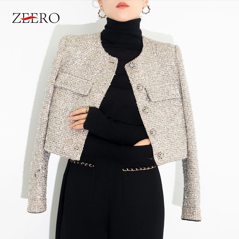 

Temperament Socialite Silver Sequined Weave Short Coats Autumn Winter O-neck Long Sleeve Tweed Jackets Coats Tops Women Jacket