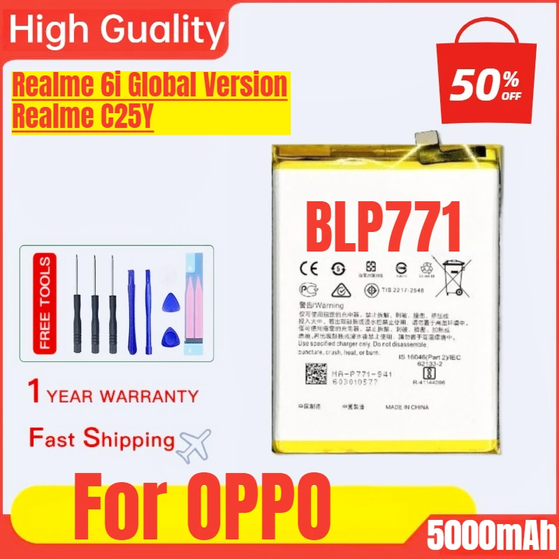 

BLP771 for OPPO Realme 6i Global Version/Realme C25Y Mobile Phone Battery High Capacity Battery Replacement Bateria with Tools