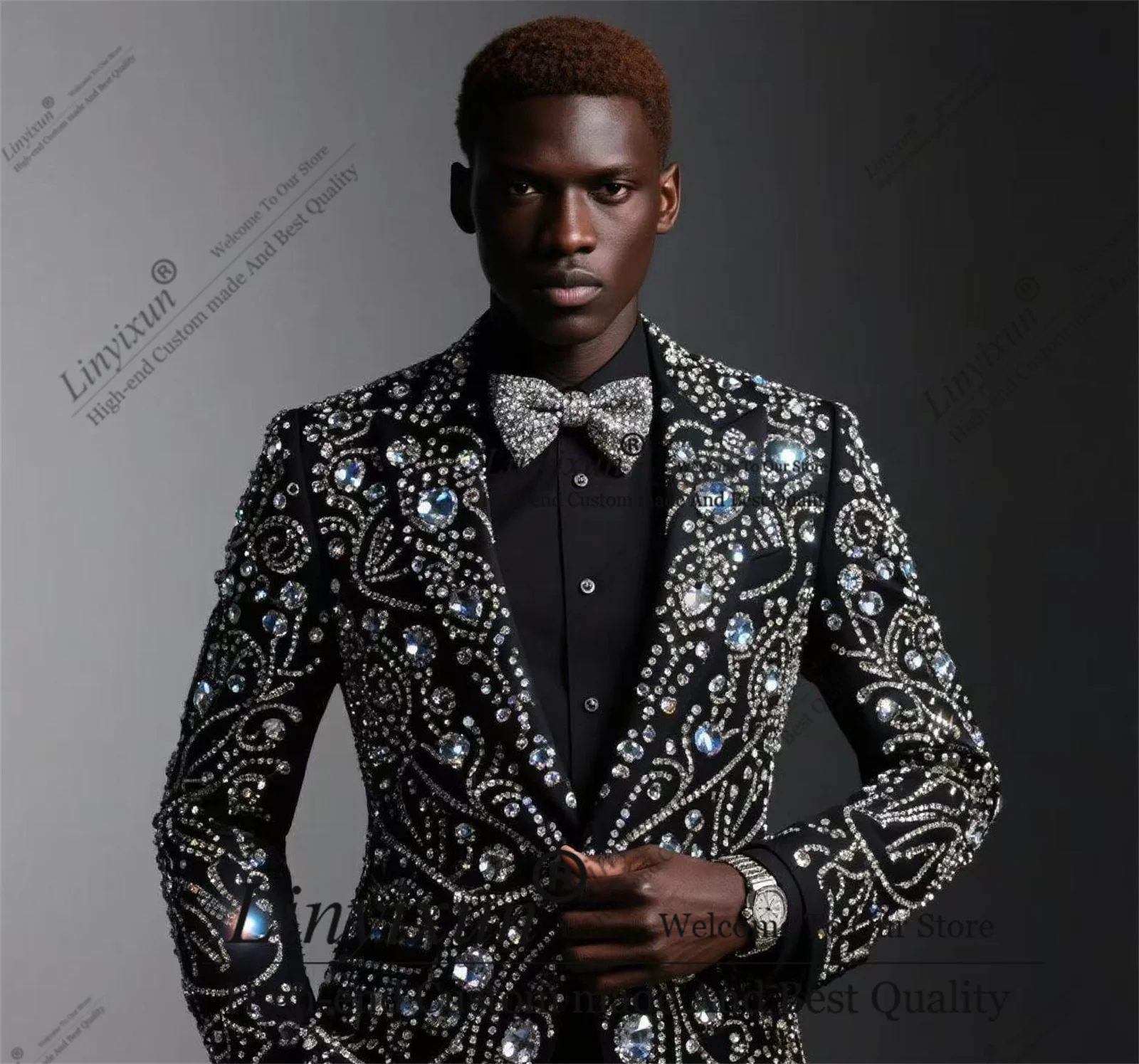 

Shiny design Rhinestones Men Suits Peaked Lapel Groom Tuxedos 2 Pieces Party Prom Blazer Slim Customized Fashion Ropa Hombre