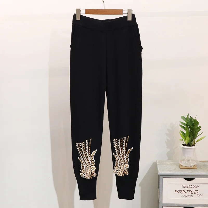 Casual Sports Knitted Tracksuit Women Beading Sequins Embroidery Flower Sweater Pants 2 Piece Set Female Loose Knitting Suit 2pc