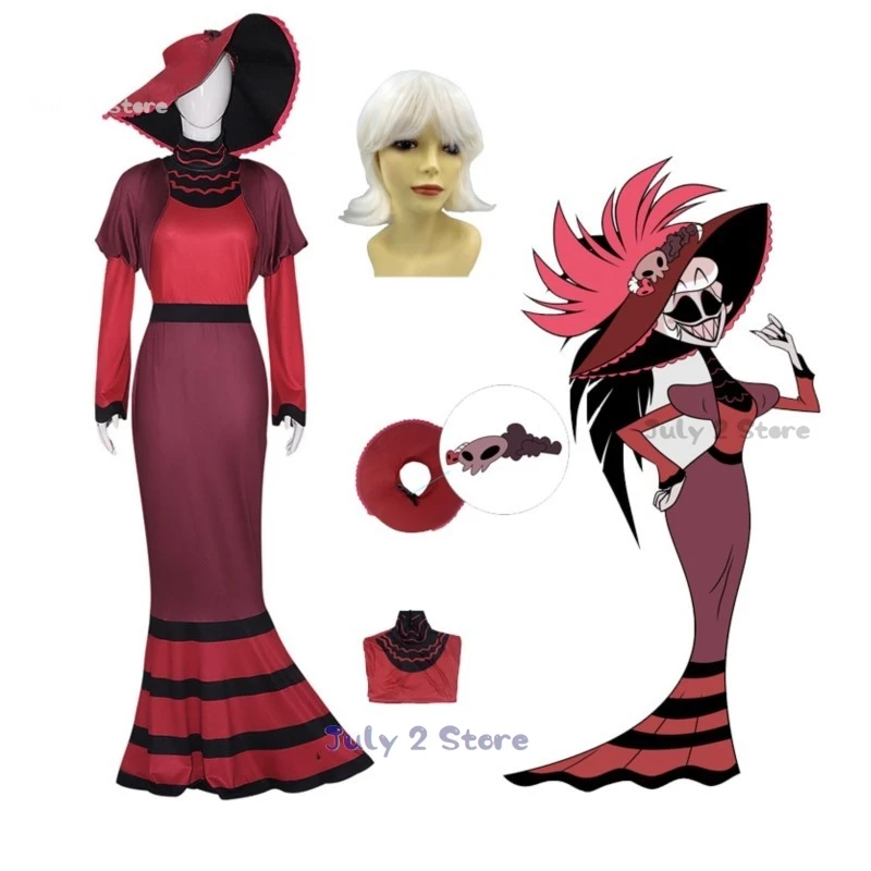 Hazbin Auntie Rosie Cosplay Costume Wig Overlords of Hell Roleplay Red Dress Clothes Hat Lady Demon Halloween Party Fancy Outfit