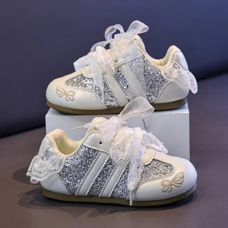 2026 Spring Girls Casual Satin Ribbon Lace Shoelaces Sneakers Toddler Little/Big Kid Fashion Bowknot Decoration Princess Shoes