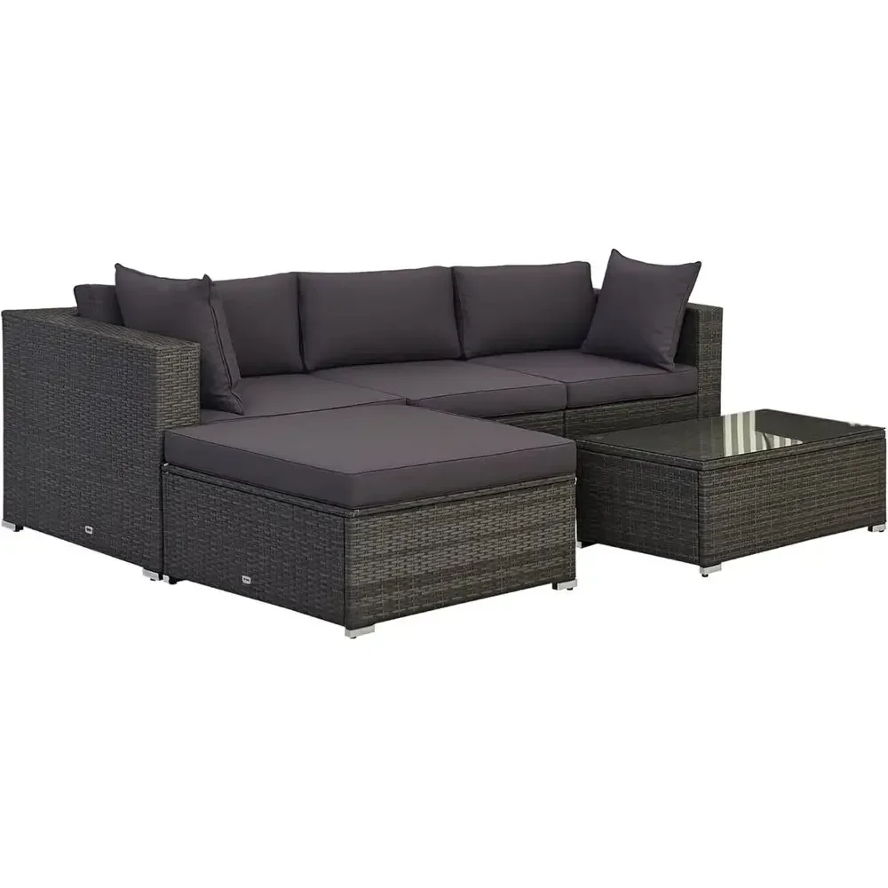 5-Piece Outdoor Sectional Sofa Set with Cushions and Glass Table, PE Rattan Wicker, Gray/Gray Mix