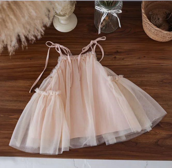 New Infant  Girls Summer Solid Mesh Sling Dress,  Newborn Princess Kids  Cute Party Birthday Dress  0-3T