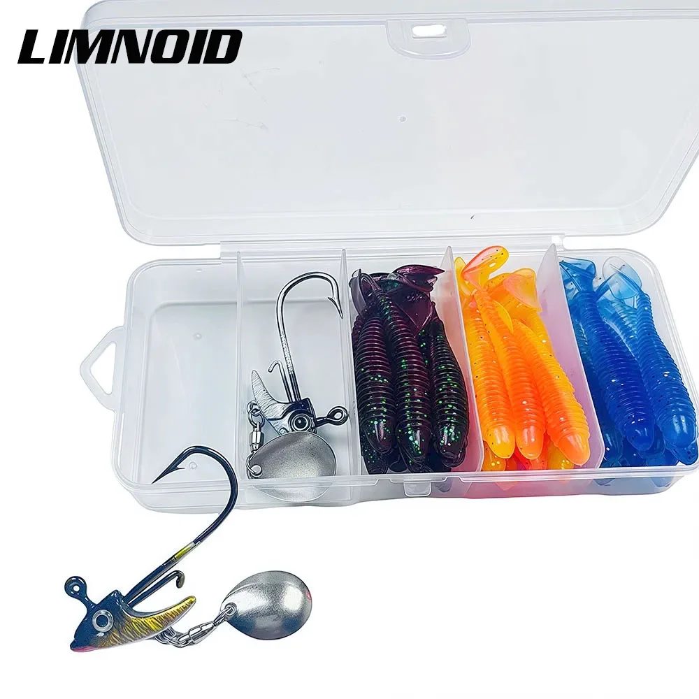 Limnoid 26-teiliges Angelköder-Set mit 3D-Augen, Spinner, Jigköpfen und Gummiködern für Süßwasser- und Salzwasserfischerei auf Barsch und Forelle