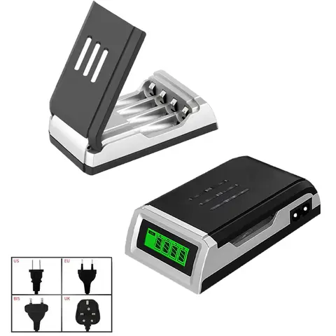 4 ช่องแบตเตอรี่อัจฉริยะ Charger EU/US/UK ปลั๊กสําหรับ AA/AAA NiCd NiMh แบตเตอรี่ Smart Charger พร้อม LCD-002 จอแสดงผล